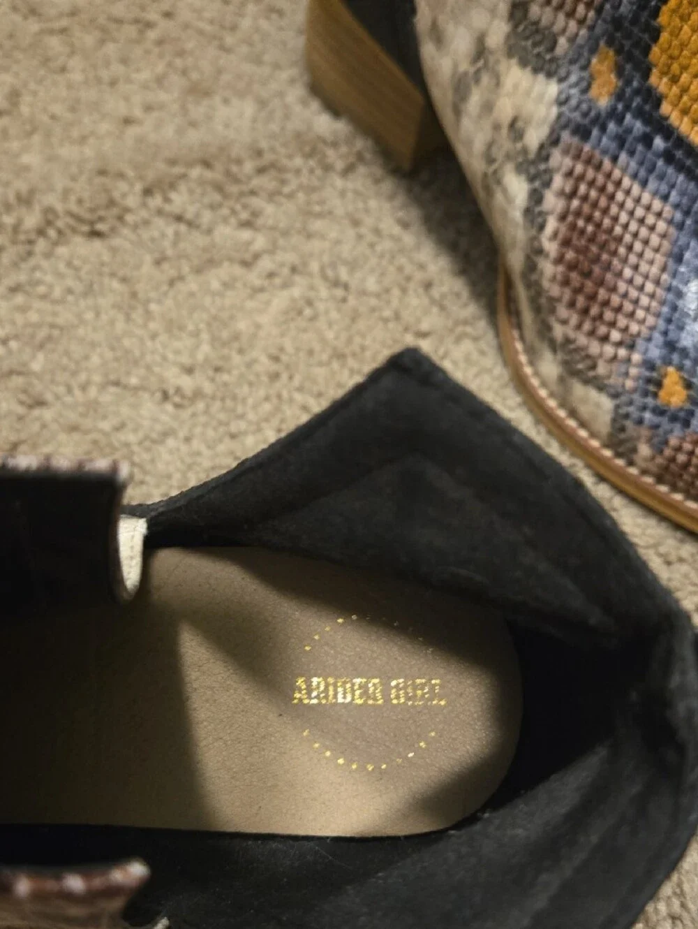 Snake-Print Pointed Toe Ankle Boots in Mustard, Blue & Cream